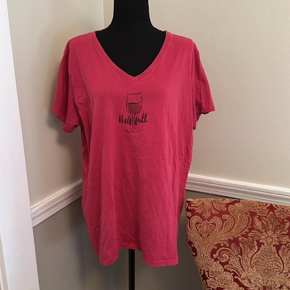 Women's Pink Short Sleeve Life Is Good Half Full Wine Glass Tee Size XXL